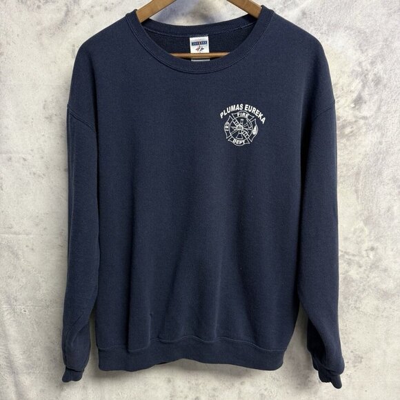 Vintage Fire Dept Sweatshirt Mens Large Blue Crew Neck Plumas Eureka California - Picture 2 of 13